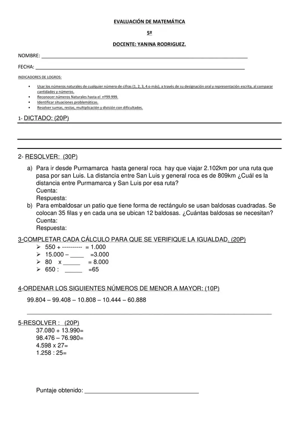 Evaluación de matematica , NUMERACIÓN , SITUACIONES PROBLEMTICAS