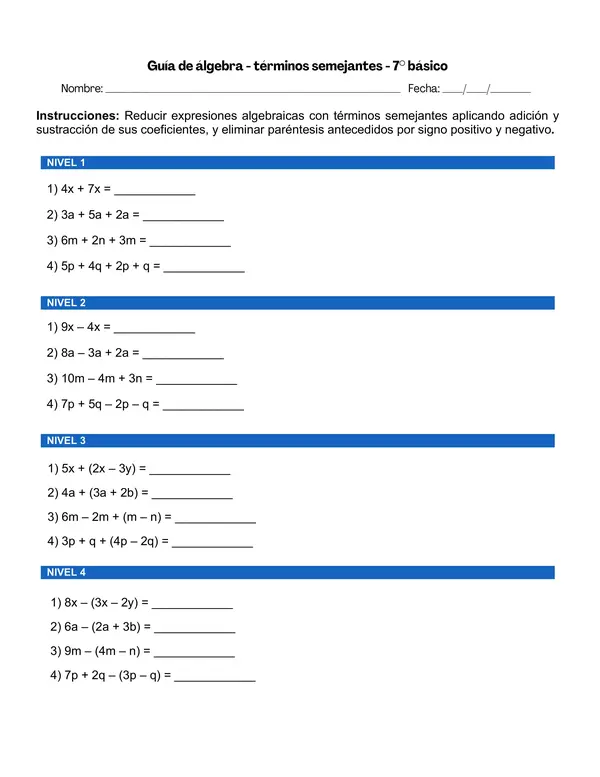 Guía de Álgebra: Reducción de términos semejantes y paréntesis (7° Básico)