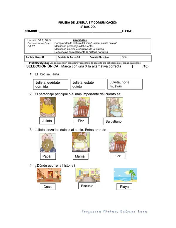 Evaluación libro "Julieta estate quieta"