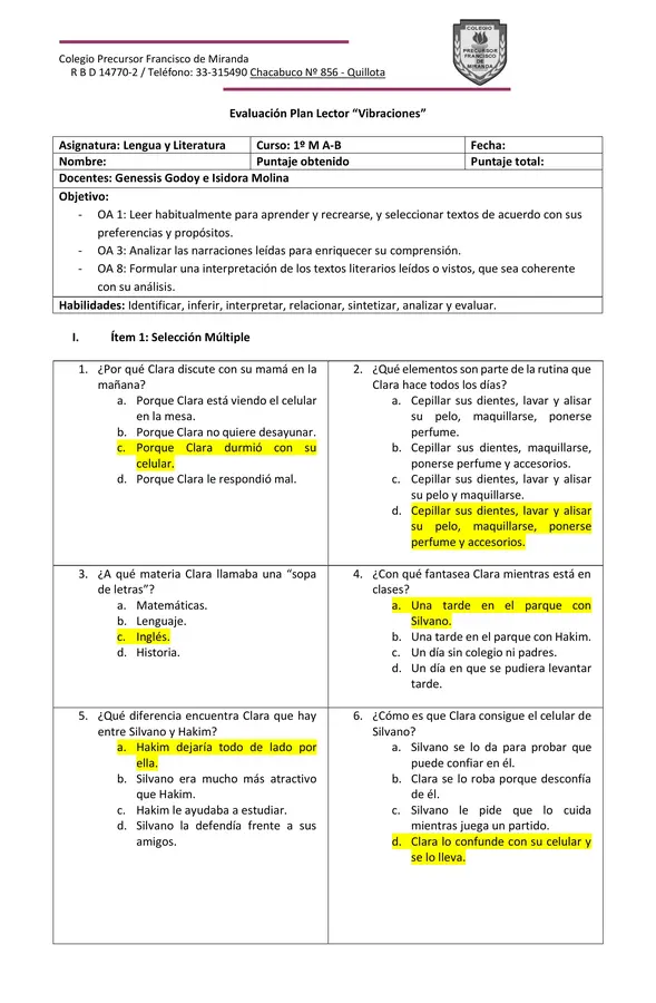 Evaluación Plan Lector "Vibraciones"
