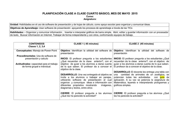 Planificación Clase a Clase: Mayo | Tecnología Cuarto Básico
