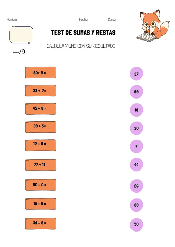 Test de sumas y restas hasta el 100 