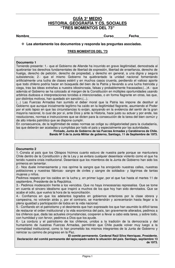 GUÍA “TRES MOMENTOS DEL 73” TERCERO MEDIO, ED. CIUDADANA CON SOLUCIONES ...