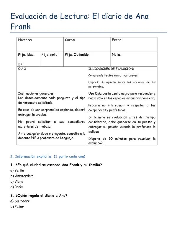 Control de lectura "El diario Ana Frank"