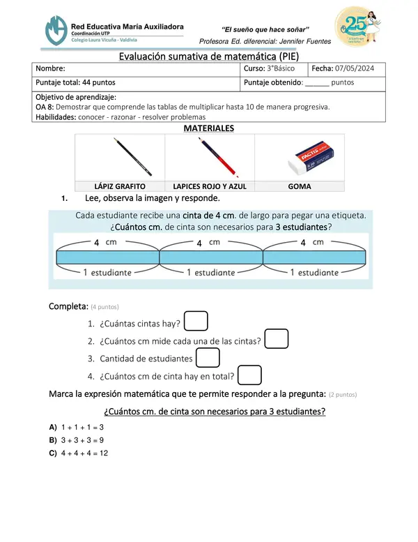 evaluación PIE tablas de multiplicar 