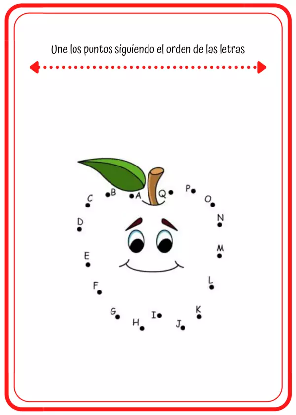 Unir los puntos siguiendo el orden de las letras: Juego infantil de destreza manual. (manzana)