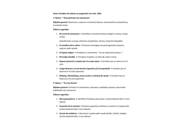 Guion tematico para primer ciclo con talleres progresivos (educacion socioemocional)