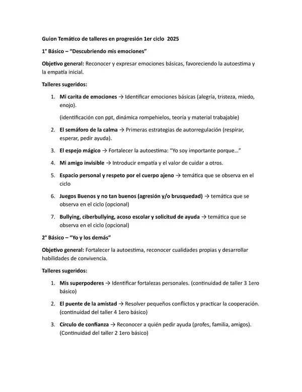 Guion tematico para primer ciclo con talleres progresivos (educacion socioemocional)