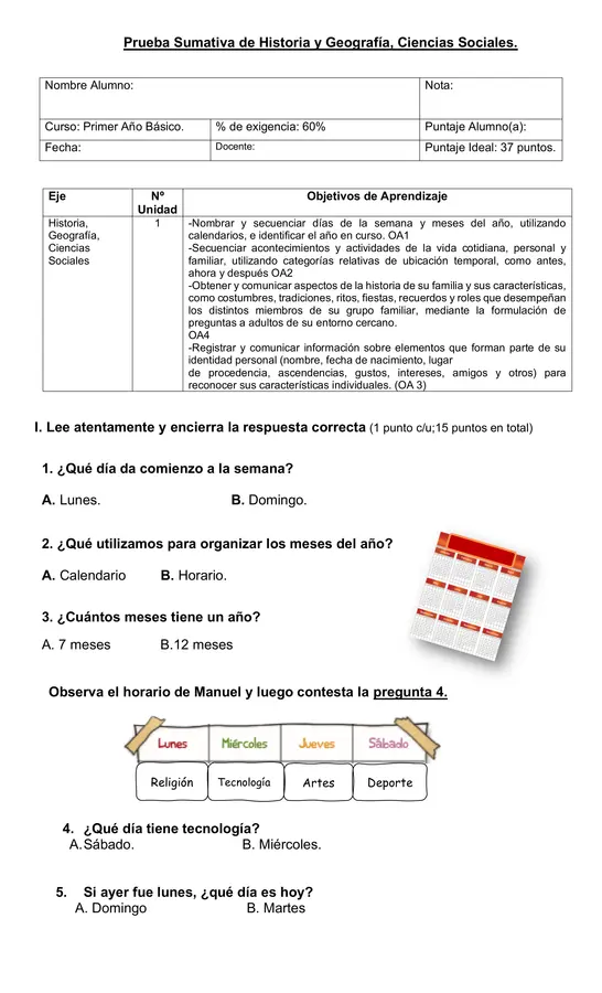 Prueba de historia 1° básico "Temporalidad"