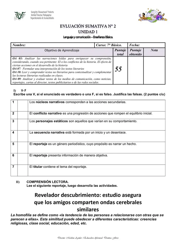 PRUEBA UNIDAD 1 SÉPTIMO BÁSICO.   LENGUA Y LITERATURA 