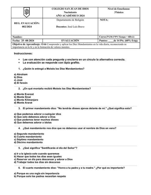 Evaluacion de Religion Catolíca