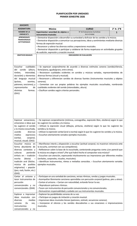 Planificación Música Unidad 1 y 2 Segundo básico.