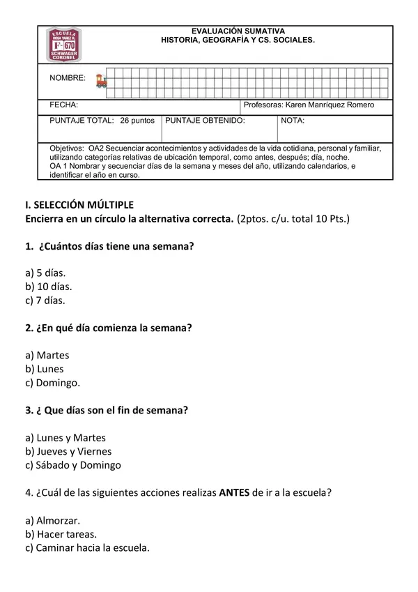Evaluación Historia 1º año 