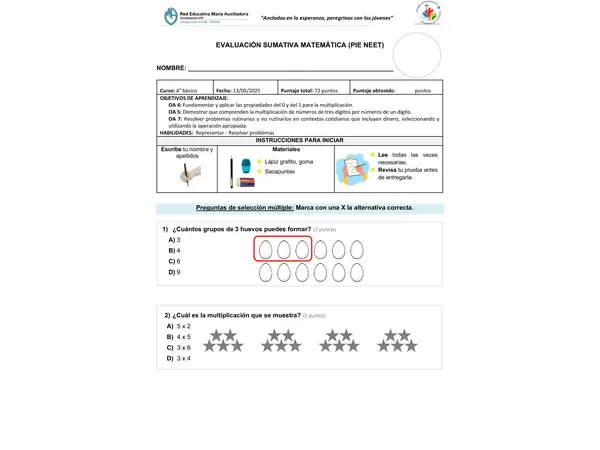 Prueba "multiplicaciones" 4° básico