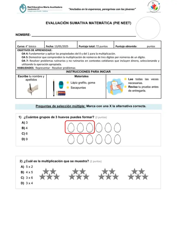 Prueba "multiplicaciones" 4° básico