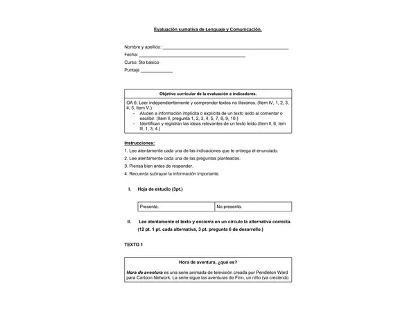 Evaluación 5to básico 