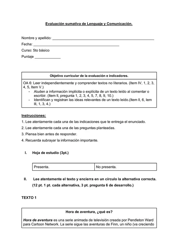 Evaluación 5to básico 