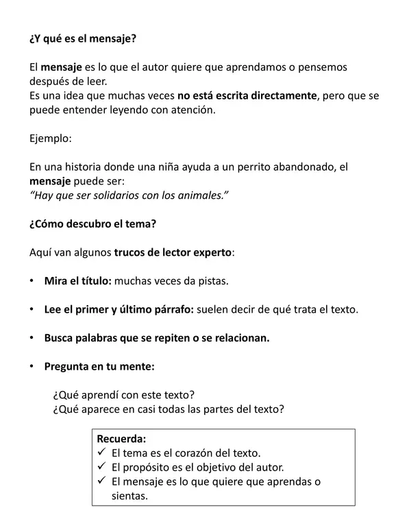 Cuadernillo Comprensión de Lectura: Tema, propósito y mensaje de un texto