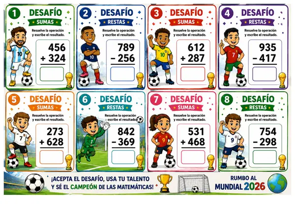 Desafíos Matemáticos Mundial 2026 - Sumas y Restas de 2, 3 y 4 cifras