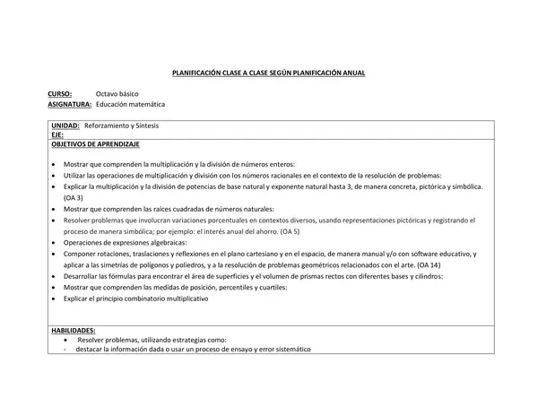 Planificación Clase a Clase: Diciembre | Matemática 8° Básico
