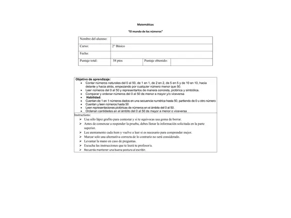 Evaluación matemáticas números 0 - 50 