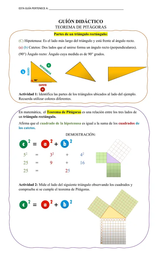 Guión didáctica teorema de Pitágoras
