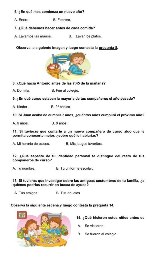 Prueba de historia 1° básico "Temporalidad"