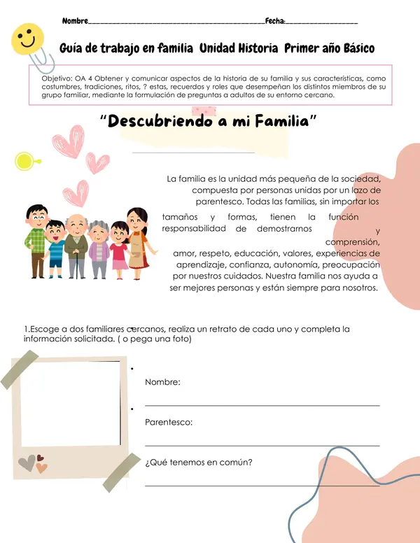 Guía de trabajo en familia "Descubriendo a mi familia" Primer año básico