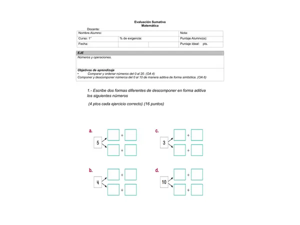 Evaluación de matemática sumativa primero básico