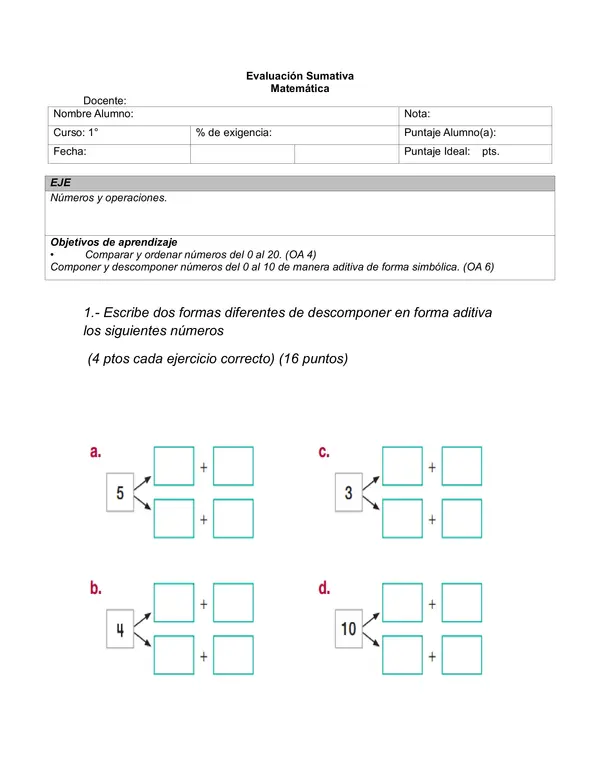 Evaluación de matemática sumativa primero básico