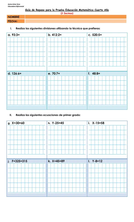 Guia de Refuerzo Educación Matemática Divisiones y Ecuaciones de primer grado 