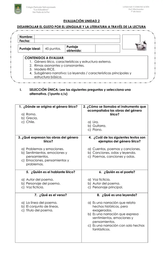 5° EVALUACIÓN UNIDAD 2 
