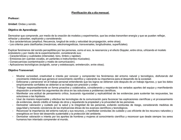 Planificación Clase a Clase Marzo - Ciencias Naturales - Física - 1° Medio