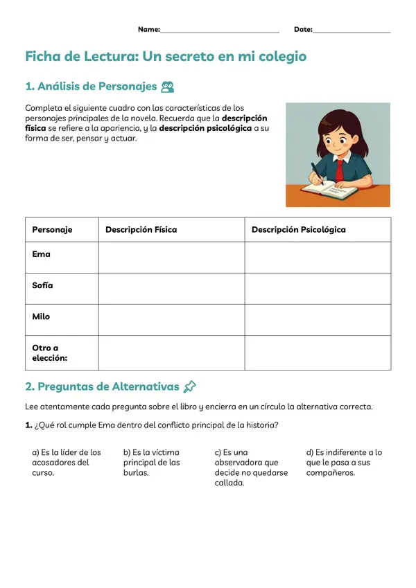 Ficha de lectura "Un secreto en mi colegio"