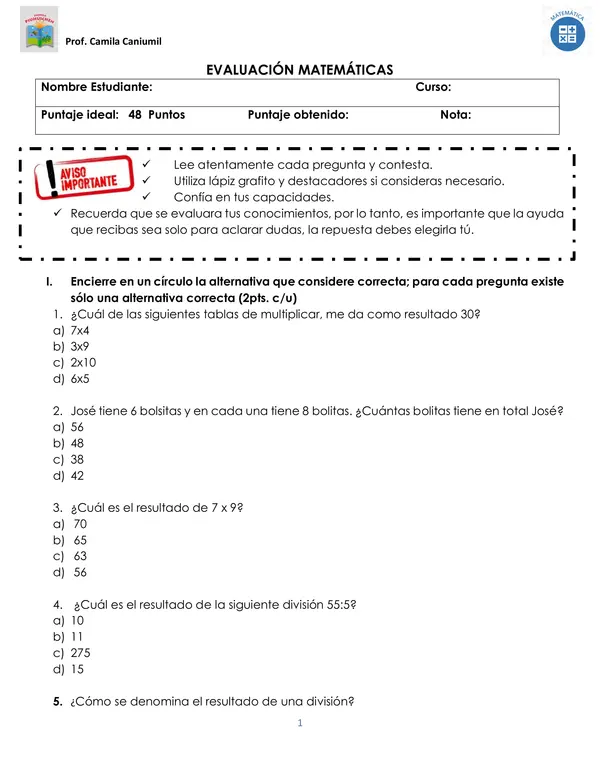 Evaluación resolución de problemas (división y multiplicación)