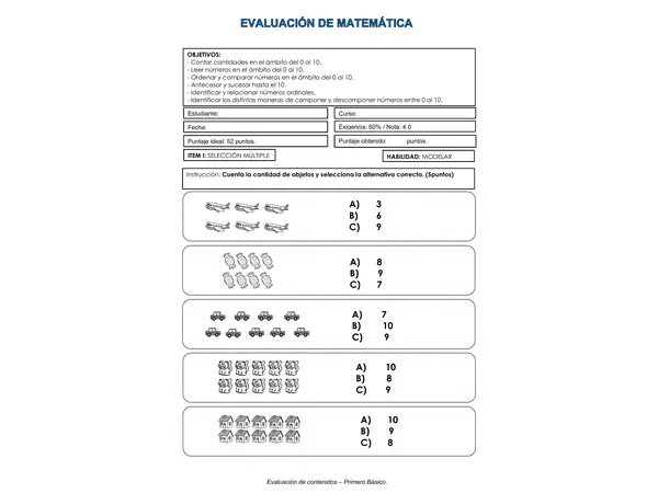 Evaluación Matemática 1 básico números hasta el 10 y números ordinales