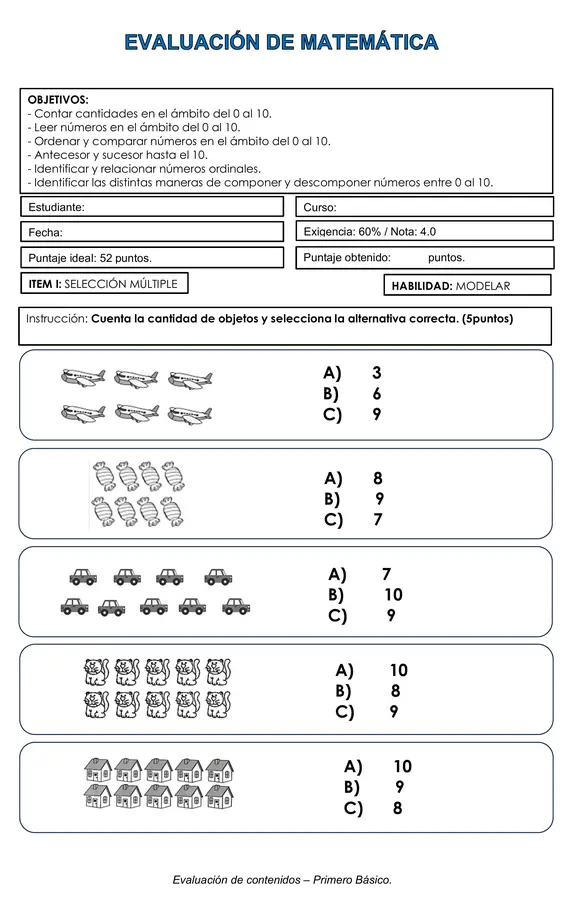 Evaluación Matemática 1 básico números hasta el 10 y números ordinales