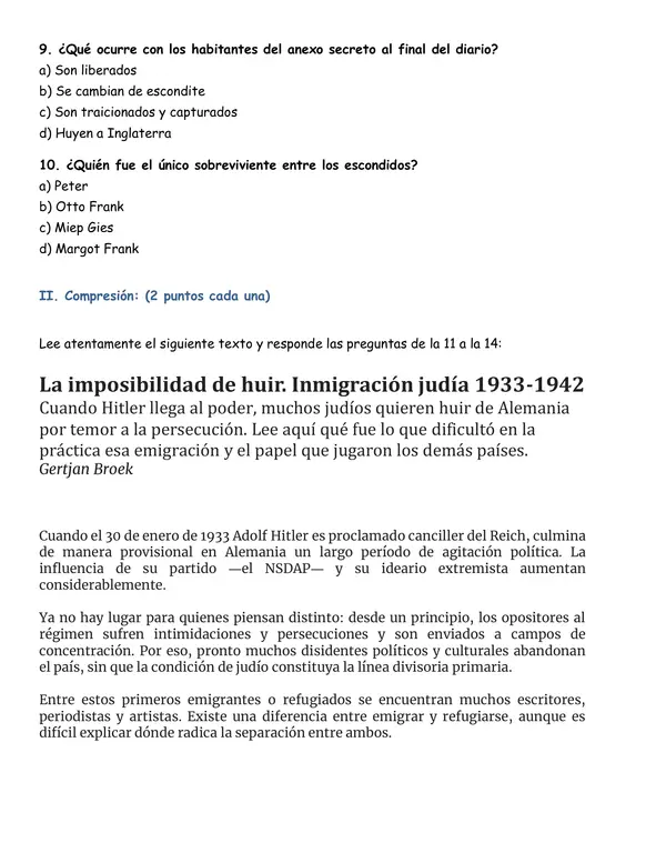 Control de lectura "El diario Ana Frank"