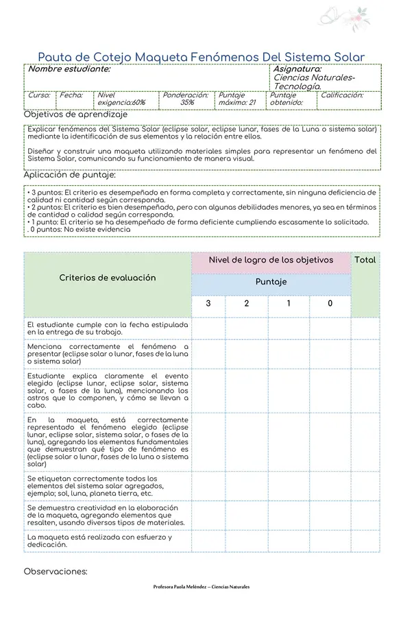 Pauta de evaluación maqueta de eventos del sistema solar