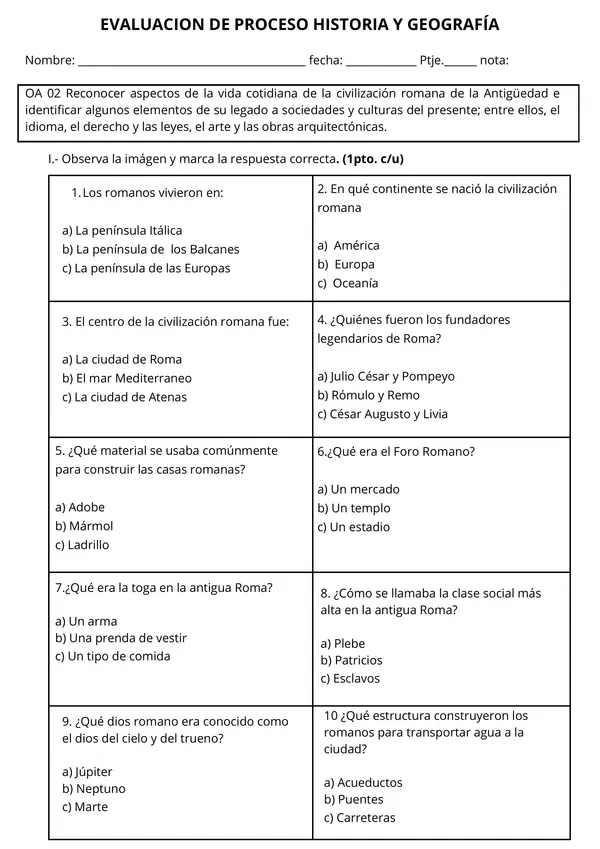 Evaluación de Historia: Los Romanos - Vida Cotidiana y Legado
