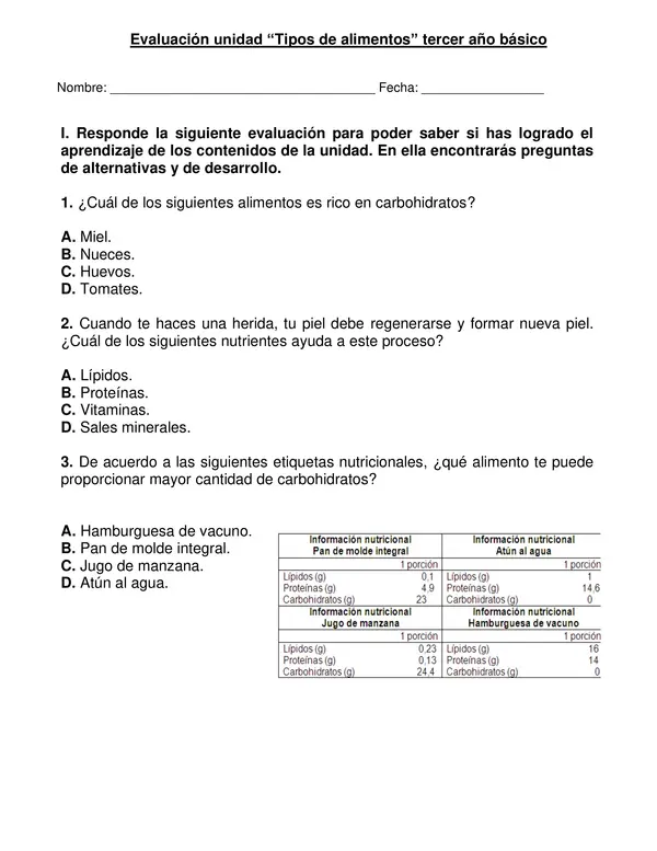 Evaluación "Tipos de alimentos" tercer año básico.