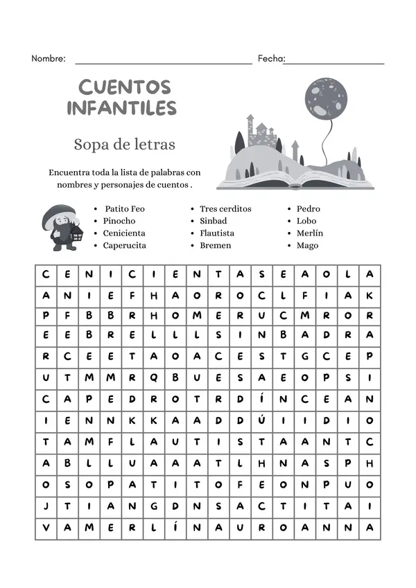 Sopa de letras con nombres y personajes de cuentos infantiles 