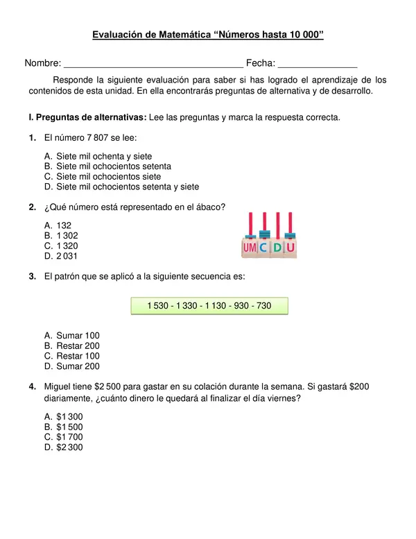 Evaluación "Números hasta 10 000" 4° año básico.