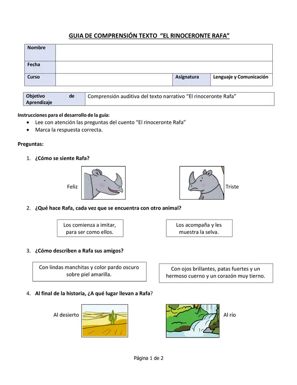 GUÍA DE COMPRENSIÓN "EL RINOCERONTE RAFA"