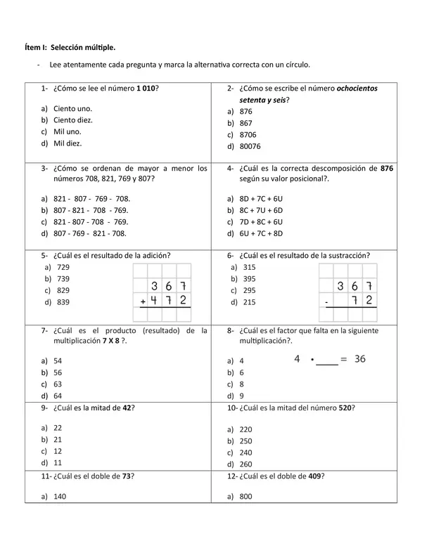 Evaluación 4to básico Inicial (preguntas tipo SIMCE)
