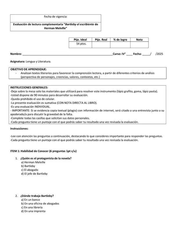  evaluación de "Bartleby el escribiente" de Herman Melville,