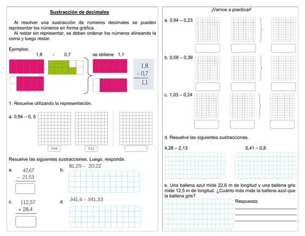 Guía "Sustracción de decimales" 4° año básico.