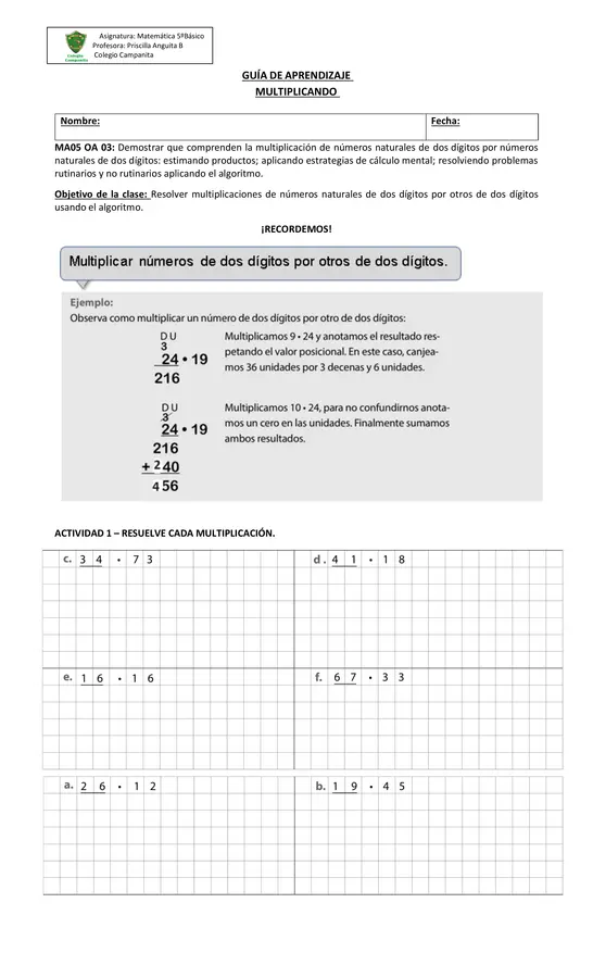 multiplicando quinto básico 