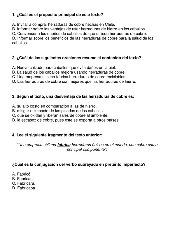 Prueba semestral de lenguaje tipo Simce, 4° año básico.