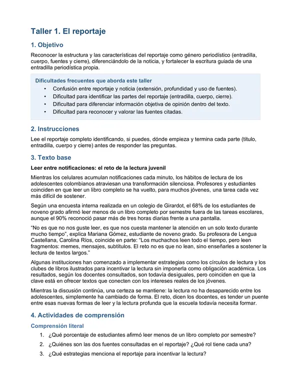 Taller de apoyo - Reportaje, lectura del siglo XXI, ensayo, textos discontinuos e informativos. 
